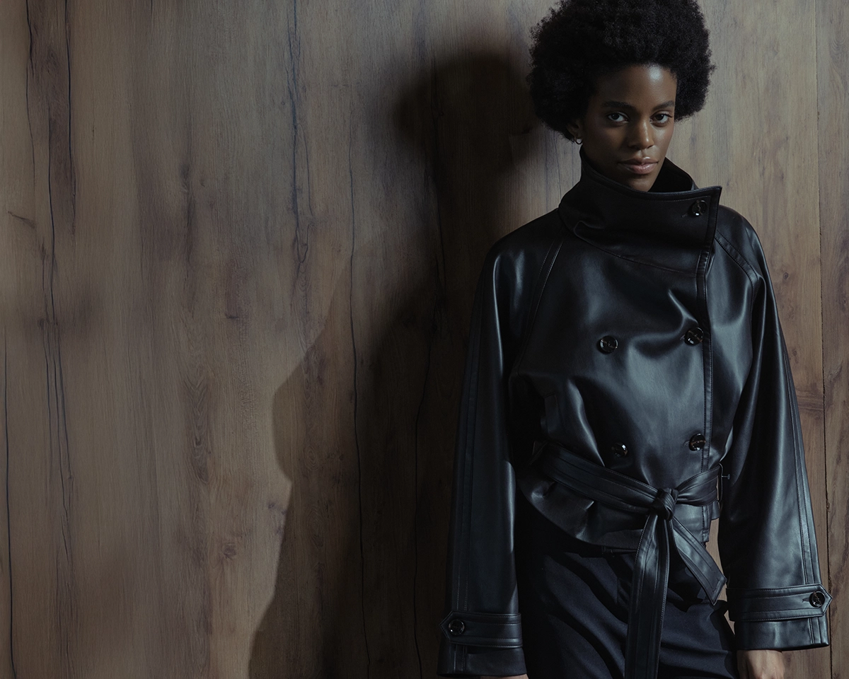 Fashion photography in Poland - model in leather coat